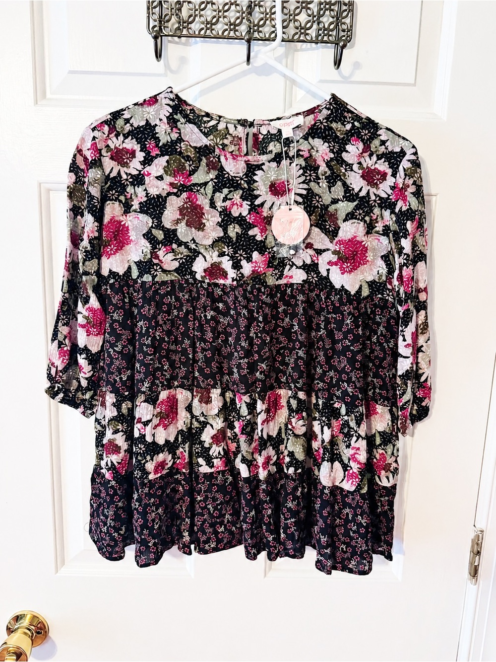ODDY Black Floral Tiered Tunic with Pink & Cream Blooms